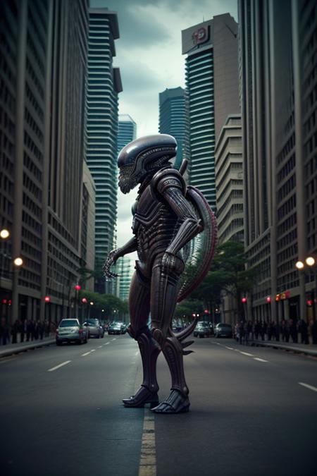 cinematic film still of  <lora:xenomorph style SD1.5:1>
Xenomorph,full body, side view, endoparasitoid extraterrestrial species,solo,open mouth,teeth,tongue,blurry,no humans,blurry background,fangs,sharp teeth,monster,realistic,alien , horror themed, dark themed, cinematic, film still, xenomorph style, shallow depth of field, vignette, highly detailed, high budget, bokeh, cinemascope, moody, epic, gorgeous, film grain, grainy, background KLCC, Malaysia Street,