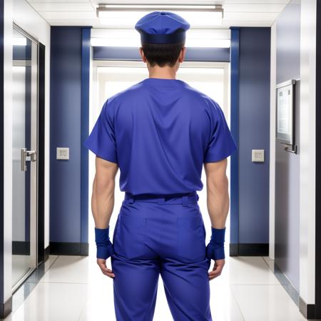 RAW photo, absurdres, high quality, photorealistic, sharp focus, 
a man wearing scrubs, hands on hips, gloves, cap, 
indoors, hospital, hallway, 
photo realism, ultra-detailed, 50mm, f1. 4, 8k uhd, film grain, 
 <lora:nurse:1>