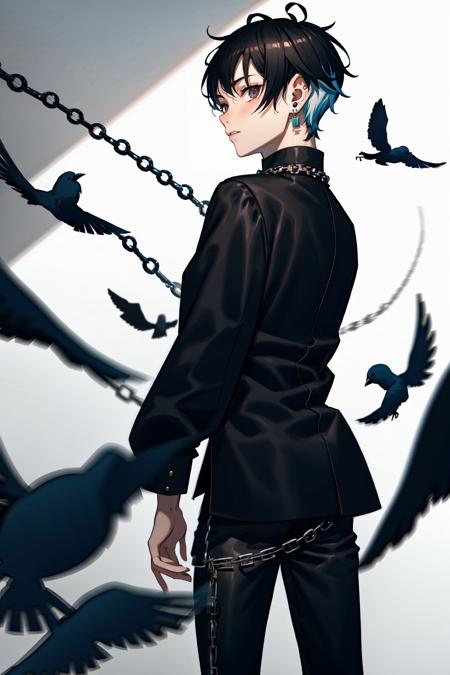 1boy, male focus, black hair, chain, pants, looking back, shirt, black shirt, bird, from behind, short hair, multicolored hair, looking at viewer, long sleeves, jewelry, white background, black pants, earrings, holding