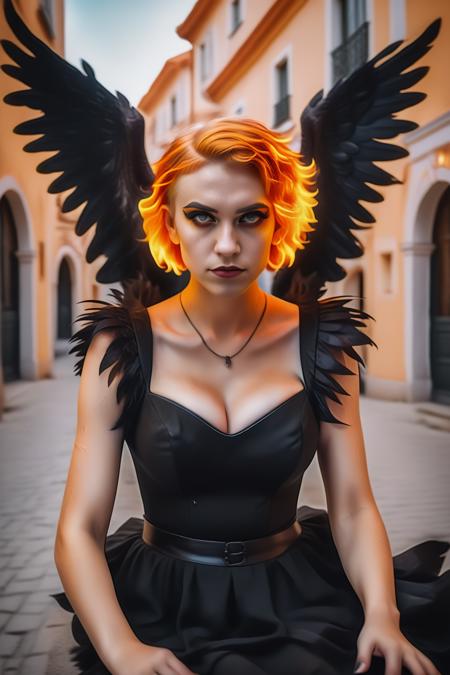 portrait photo, fallen angel woman, demon girl in black dress, black feather wings, short hair, Feuerhaare, glowing hair, flaming hair, <lora:Feuerhaare_lora_sdxl:1>