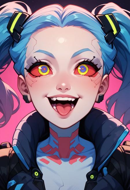 score_9, score_8_up, score_7_up, i want the whole image to be created in 3D anime style, 1girl, solo, long hair, pigtails, looking at viewer, smile, open mouth, shirt, mechanical eyes, COLORED SCLERA, RED SCLERA, violet pupil, cobalt blue hair, earrings, teeth, tongue, oversize open jacket, eyelashes, pink tattoo, stark white skin with a faint blue, smiling, cyberpunk, portrait, rebecca (cyberpunk edge runners)