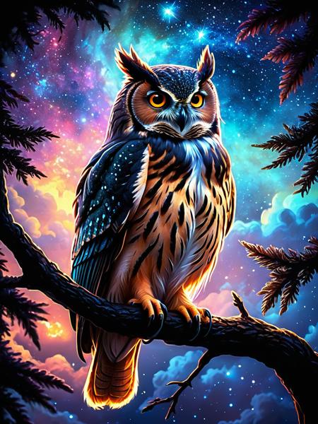 <lora:SS02ImpressionisticPainting_Hap_XL:2>,Thomas Kinkade style, <lora:add-detail-xl:0.1> glowing frame, backlight colors, silhouette colors, cosmic frame, powerful owl, profile in a frame, silhouette, backlighting, vibrant,magical night sky, illustration, soft, beautiful, dreamy, realistic, professional, simple, twinkling night sky, extremely detailed, hyper detailed, illustration, half finished sketch, half colored sketch, anime, masterpiece, bright colors, high contrast, vivid lighting, dark background, simple background, mad-spiral-galaxy,