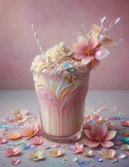 sakura cream milk ice shake frappe, p1nk1r1fl0wers, made out of iridescent flower petals, high quality, masterpiece <lora:PinkieIriFlwrsSDXL:1>