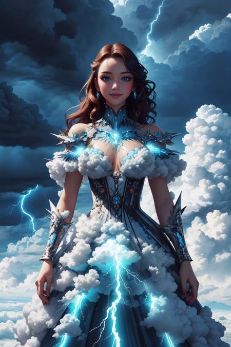 edgTCloud, a woman wearing a dress made of thunder clouds ,wearing edgTCloud