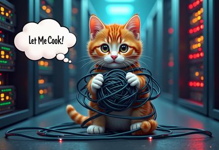 picture of a cute kitty looking into the camera wrapped in network cables and a holding a ball of wires in his paws, inside a datacenter server room with red, yellow and green led lights blinking in the server racks in the background, a cartoon text bubble floating beside the kitty with the text "Let Me Cook!"
