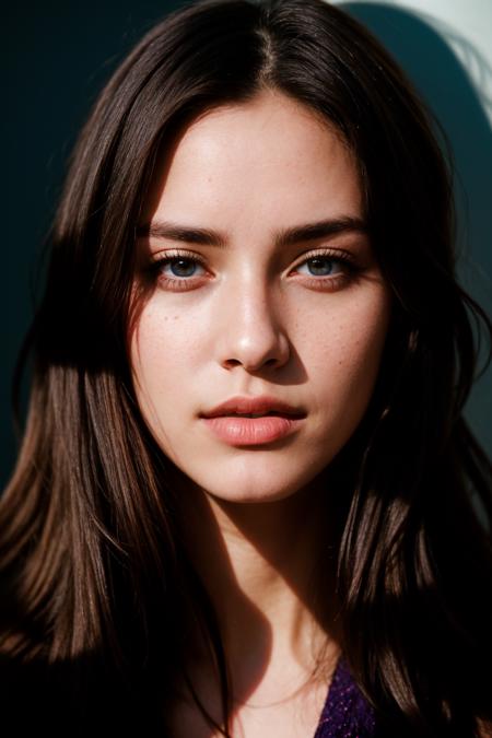 cinematic photo Photo portrait of a pensive young brunette woman with sparkling eyes, detailed skin, (half her face concealed in shadow:1.4), tight close up on face, dark background, side lighting revealing her gaze, eye level, in the style of Nathan Wirth, high quality photography, 3 point lighting, flash with softbox, 4k, Canon EOS R3, hdr, smooth, sharp focus, high resolution, award winning photo, 80mm, f2.8, bokeh, ((photographed by Vogue)), 35mm photograph, film, professional, 4k, highly detailed