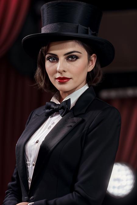 photo of a woman, <lora:lizhurley-08:0.5>, lizhurley, ((wearing a tuxedo jacket, shirt, bowtie, top hat, short hair):1.1), ((closeup, portrait)),((on stage, spotlights):1.2), ((red lipstick, makeup)), (smile), ((best quality, masterpiece, extreme details, high resolution):1.2),((detailed eyes, beautiful eyes, detailed face, beautiful face):1.2)