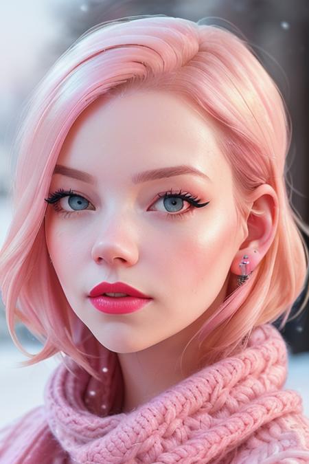 photo of a woman, anya-4080:0.99, ((short hair, pink hair)), ((scarf, sweater)), ((closeup, portrait):1.2), ((walking, outdoors, snow, city):1.1),((red lipstick, eyeliner,  eye shadow, blush):1.2), ((best quality, masterpiece, extreme details, high resolution):1.2),((detailed eyes,beautiful eyes, detailed face, beautiful face):1.2)