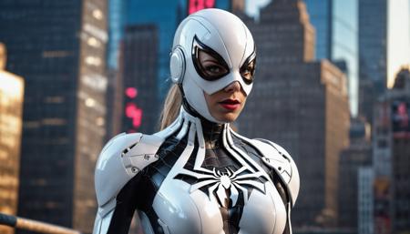 (((beautiful white muscle costume spiderwoman))), (((creepy robo cybernetic mask))), web in background, (wet:1.2), expressive eyes:1.4, (((full body))), (((flying above manhattan, action scene))), ((sunny weather, midday))