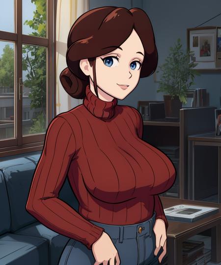 Simone,brown hair,hair bun,blue eyes,
red sweater,jeans,
standing,upper body,smile,
home,indoors,living room,
(insanely detailed, masterpiece, best quality),(solo),<lora:Simone:0.8>,