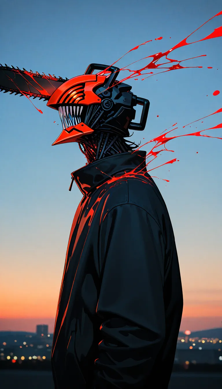 A young man in a dark jacket with a menacing, orange robotic mask that features sharp teeth and a chainsaw attached to the front. The wind blows blood from the mask behind him, splattering it onto his shoulders. The background shows a sunset with a gradient sky transitioning from orange to blue, with distant city lights. 