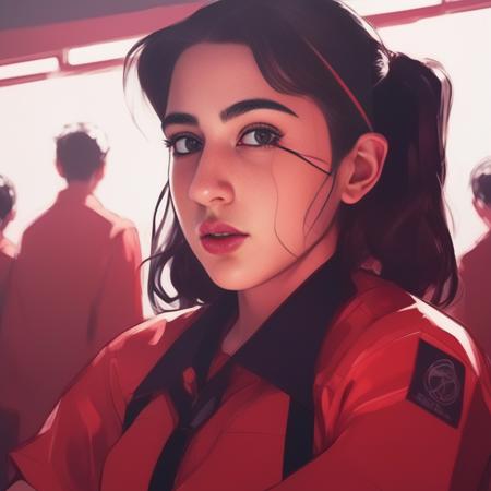 (SaraAliKhan) <lora:SaraAliKhanSDXL:1> ,  photograph, close-up shot of a Mecha- slight Girl, wearing Repressive Obsidian dark red School Uniform, from inside of a Summer Camp, Sketched, Sots Art, film grain, Hasselblad, macro lens, Neutral hue, art by Ilya Kuvshinov