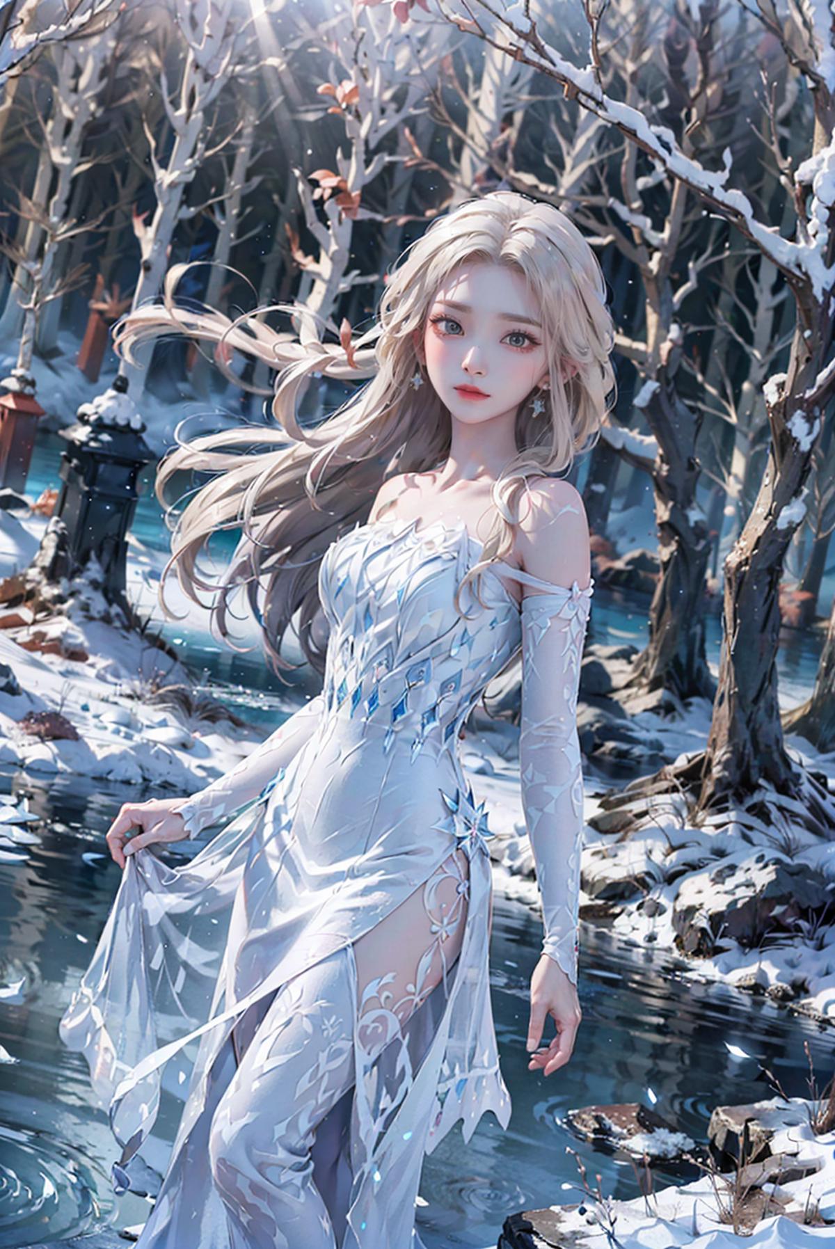 A beautiful illustration of a woman in a white dress with blonde hair, standing in a snowy environment.