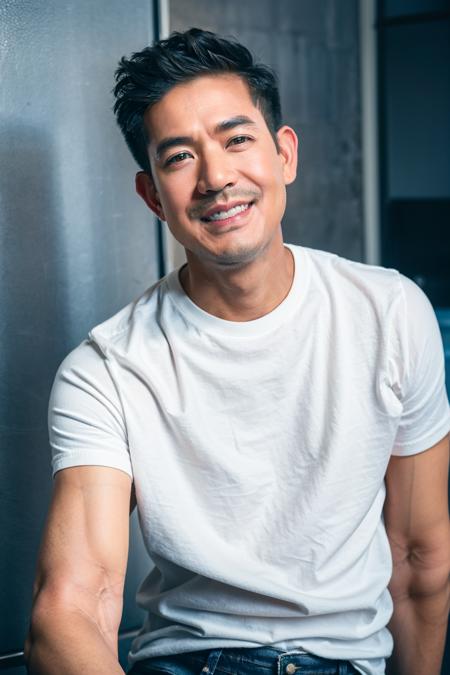 1boy, short hair, black hair, smile, teeth, mustache, facial hair, beard, (white t-shirt), jeans, (isolated on dark-grey backgroud:1.2), dynamic pose, (soft lighting:1.2), shot on Canon EOS 5D, <lora:PwierV1:0.85>, best quality, ultra high res, (photorealistic:1.4), masterpiece, real life skin, hyper real, perspective