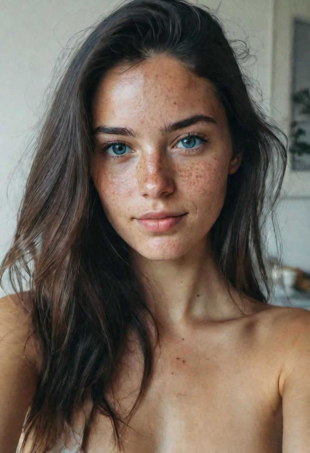 A woman with brown hair and freckles looking at the camera.