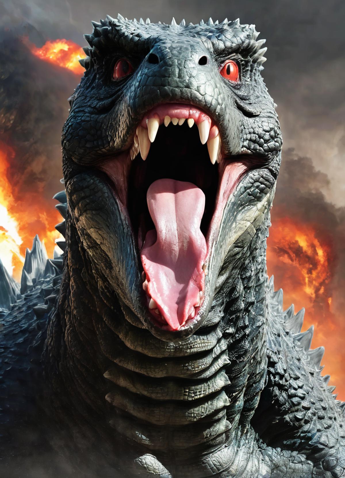 The Open Mouth of a Godzilla-like Monster with Red Eyes and Teeth, Displaying a Tongue, in Front of a Fire Background.