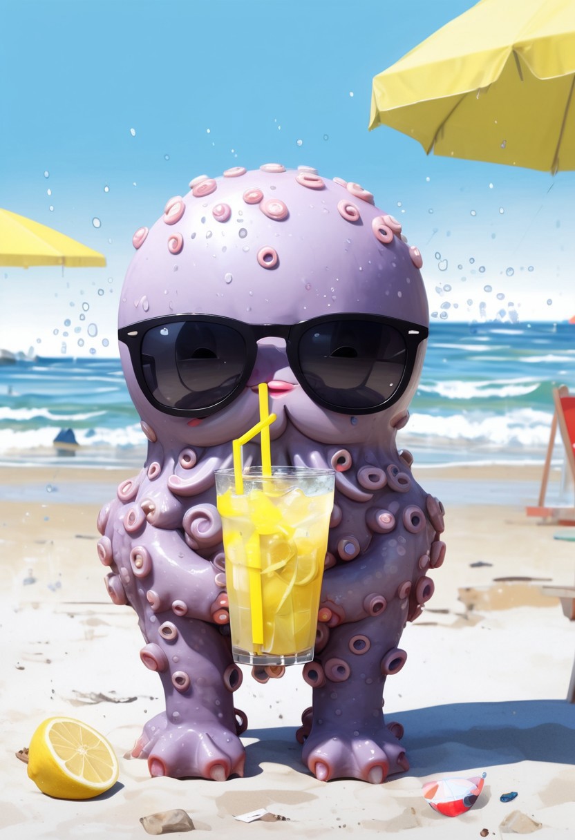 smiling kawaii sumikko octopus wearing sunglasses drinks lemonade at the beach, art by yoji shinkawa and sandra chevrier, trending on artstation, award-winning, perfect composition. Splash, animated, under beach umbrella,