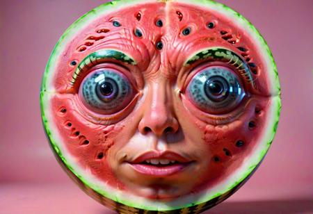 A female watermelon-human hybrid with embedded electronics, giant cartoonish eyes starring into camera,