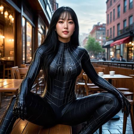 score_9, score_8_up, score_7_up, best quality, realistic, masterpiece, beautiful detail, hyperrealistic, ((1girl, woman body, large breast)), amazing detailed full body of a cute korean girl, cute face, wearing a realistic and highly detailed black raimi spider-man suit, ((defined muscular girl)), professional model wears ultra - detailed black raimi spider - man suit, ultra - detailed and grained black raimi spiderman suit, suit covered entire body and hand, wet, (black hair, attraction, light smile), sitting on a cafe, octane render, highly detailed, volumetric, dramatic lighting, (highest quality:1.1), (HDR:1.3), (top quality, best quality), realistic, high definition,