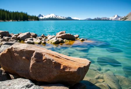 Photograph the emerald waters of Lake Espiel in Yoho National Park, Canada with rocky banks and snow-capped mountains visible on the horizon. Use a Canon EF lens for close-up shots to capture the texture of the rocks and water. The surrounding pine forest adds depth to the scene