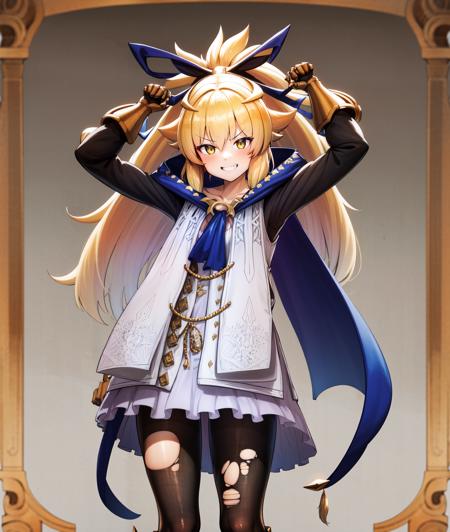 1girl, solo focus, blonde hair, dress,  white dress, long hair,  ribbon,  yellow eyes,  fang, bangs, (hair ribbon:1.2),(blue ribbon),,  hair between eyes, ponytail,  torn clothes, (pantyhose:1.2), blue cape, long sleeves, hair ornament, frills, cloak,  torn pantyhose, gloves, skin fang, frilled dress, black pantyhose, collarbone, blush, very long hair, cape, ascot, claws,  high ponytail, hood, yellow ribbon, sidelocks, jewelry, blue ascot,  sleeves past wrists, wide sleeves, , collared dress, blue cloak, claw (weapon), flat chest, coat, duel monster,  ,gauntlets, 