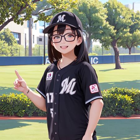 best quality, ultra-detailed, illustration,
chibalotteV, baseball cap, baseball uniform, black shirt,
1girl, solo, glasses, black hair, long hair, standing,  outdoors, street, city, cityscape, happy, laughing, smile, upper body, looking at viewer, 
<lora:Chiba_LOTTE_MARINES_Visitor_uniform_SD15_V1:1>