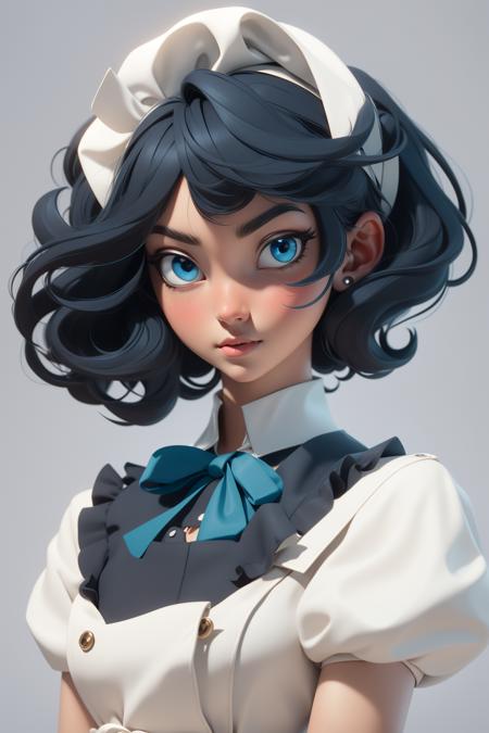 3dmm style,masterpiece, best quality,3d rending work ,3DMM style,close-up,portrait, 3D,1girl, solo, black hair, maid, white maid headdress, short hair, bangs, blue eyes, apron, upper body, ribbon, blunt bangs, frills, bob cut, grey background, lips, masterpiece, best quality,