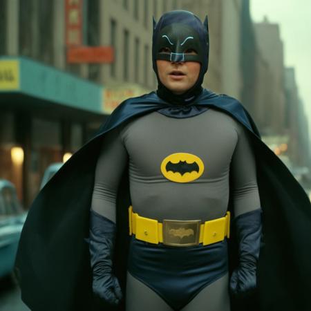 cinematic film still of  <lora:Batman1966 Style:1>
In year 1966,a man dressed in a batman costume and gloves,Bama1966 Style,solo,gloves,1boy,standing,full body,male focus,boots,black gloves,belt,cape,bodysuit,mask,realistic,black cape,superhero,classic,vintage,retro,dramatic light,film look,cinematic,full shot , Gotham City, batman universe, ba_ma style, batman style, batman1966 style, shallow depth of field, vignette, highly detailed, high budget, bokeh, cinemascope, moody, epic, gorgeous, film grain, grainy