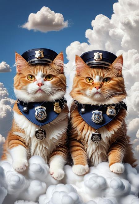 cat police playing on white clouds, cute cat, fluffy and fat cat,