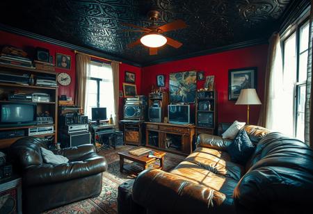 (NOSTALGIC, VINTAGE, RETRO THEMED DECOR), (Photo Shot on Phase One XT Camera System, low exposure, high contrast, ISO 50, with a 28mm wide-angle lens). 
(Dynamic Variable Angle Shot), [Layered Foreground], Moody Atmosphere with (Vibrant Lighting) and (Contrasting Shadows), (cluttered detailed simplistic living area), (Moon-Light), [Full-Length Windows], (weathered leather furniture), hoarder's paradise of vintage technology, (richly painted bright walls), [[embossed dark ceiling]], (Creative Light Source).