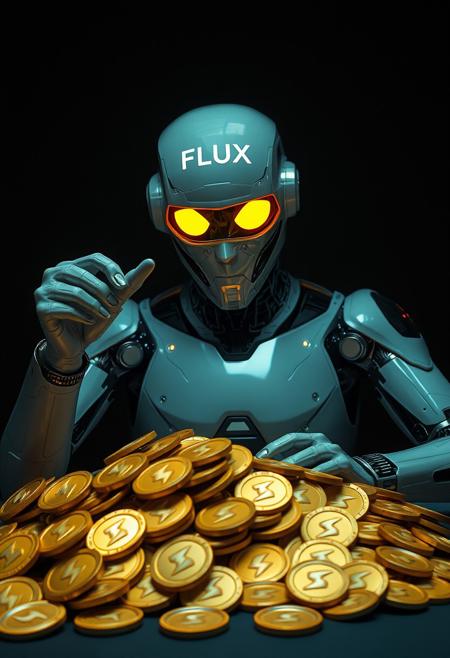 an android that looks almost human in a dark room with the word FLUX on its forehead sat at a table scooping a big pile of gold coins with lightning bolts embossed on them toward itself, similar to a greedy poker player raking a pile of poker chips.