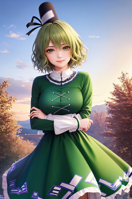 tojiko hat tate eboshi cross-laced clothes green dress long sleeves ghost tail