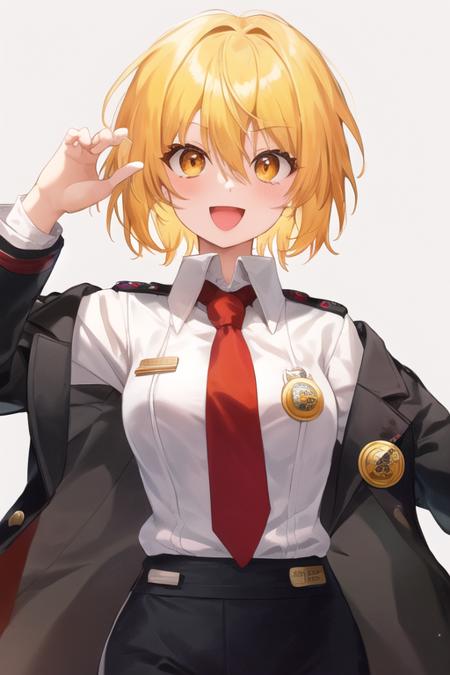 don quixote \(limbus company\), 1girl, solo, upper body, blonde hair, short hair, hair between eyes, orange eyes, collared shirt, white shirt, red necktie, black pants, open coat, black coat, badge, button badge, lapel pin, happy, looking at viewer, :d, simple background, red background,  <lora:don-08:1>