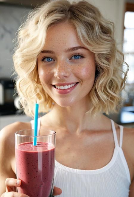 Drinking smoothie, wide-angle view, ((full-figure visible:2.0)), entire body in frame, kitchen overview, ((spacious composition:1.5)), head to toe in shot, standing in kitchen, kitchen advertisement, full body, lips touching glass, glass in front of mouth, (open mouth:1.2), DRINKING, (SMOOTHIE:2.0), drinking smoothie, BLUE smoothie, healthy smoothie, smoothie in glass, perfect fruits, perfect glass, perfect fingers,  gym clothing, sports clothes, white top, white sporttop, athletic clothing, happy, smiling, laughing, beautiful girl, short light blonde wavy hair, above shoulder length blond curly hair, bob cut, blue eyes, blue eyes:1.1, perfect eyes, extremely detailed eyes, extremely detailed face, textured skin, photorealistic, hyperdetailed:1.2, insane details, natural look, cute face, stunningly beautiful, pale skin, freckles, blush, detailed skin, extremely detailed, 1girl, shoulders, arms, breasts, hips, hands, perfect hands, perfect feet, perfect eyes, perfect nails, upper legs, legs, happy, open mouth, perfect teeth, in the kitchen, marble kitchen block, modern kitchen, 4K, RAW, best quality, masterpiece, ultra-detailed, hyperrealism:1.2, RAW photo, best quality, realistic, photo-realistic:1.3, best quality, masterpiece, extremely delicate and beautiful, extremely detailed natural lighting, bokeh:1.2, Porta 160 color, shot on ARRI ALEXA 65, Fujifilm XT-3, WARMER LIGHTING, sunny kitchen, warm sunlight, sun rays, inviting atmosphere