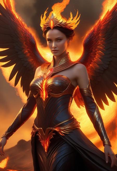 In a dramatic, fiery wasteland of smoldering ash and jagged volcanic stone, a regal empress rises with commanding grace. Her flowing gown, seemingly woven from molten lava and flickering embers, shifts and pulses with the intense heat of her presence. Soaring above her is a magnificent phoenix, its wings ablaze with radiant flames that cast a mesmerizing golden-red glow across the desolate landscape. The woman's eyes burn like molten gold, mirroring the power of her fiery companion, while her hands are wreathed in vivid flames, poised to summon either destruction or renewal. The phoenix's cry resonates like a powerful hymn of rebirth, its embers scattering into the air like sparks of creation. The surrounding atmosphere shimmers with heat, distorting the horizon into a surreal mirage of fire and fury, as the empress stands resolute in her dominion, exuding an aura of both majesty and danger, Upper body picture, close to viewer,