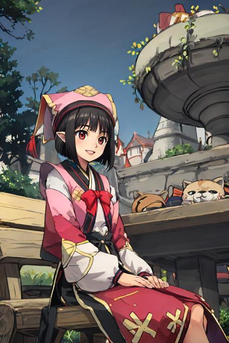 1girl, solo, sitting, bench, park, tree, grass, smile, konaha, japanese clothes, hat, red bow, puffy sleeves<lora:monster_hunter_konaha-34:0.8>