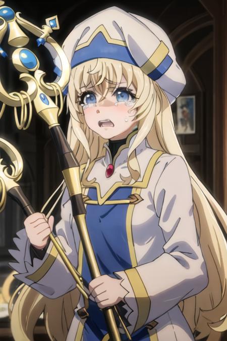 best quality, masterpiece, highres, solo, {priestess_goblinslayer:1.15}, blonde_hair, long_hair, blue_eyes, hat, bangs, open_mouth, 1girl, clenched_teeth, crying, dress, holding, holding_staff, long_sleeves, looking_at_viewer, scared, staff, tears, teeth, upper_body, white_headwear, crying_with_eyes_open, white_dress