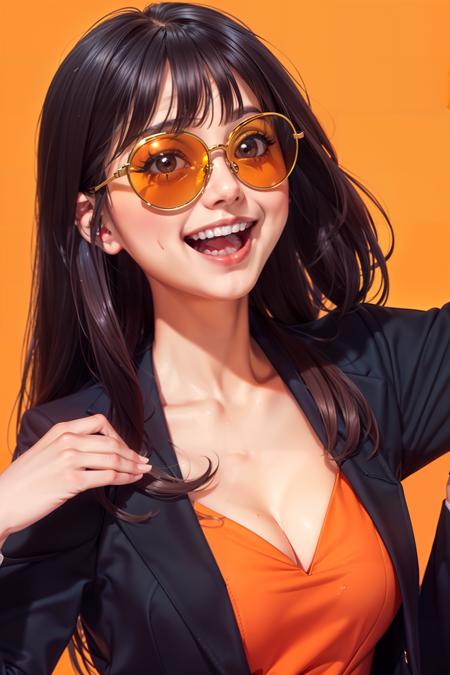 (masterpiece, best quality:1.4), 1girl, orange elegant office suit, orange long hair, orange big sunglasses, ((simple orange background)), dynamic pose, flirting with camera, (laughing:1.3), (perfect denture, perfect teeth),<lora:add_detail:0.5>,