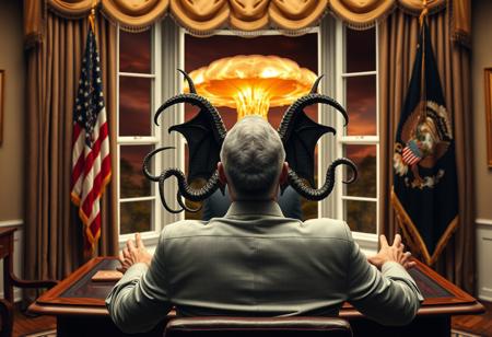 cthulu for president, oval office, mushroom cloud outside window, real photograph,photorealistic, correct hands, correct fingers, lovecraftian, vote button, campaign photo, election, elegant scene, facing away, sitting