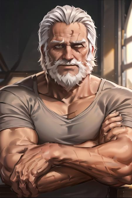 portrait, reinhardt, old man, beard, scar across eye, white hair, sunlight, window background, <lora:reinhardtOverwatchLORA_LoCon:0.8>, best quality