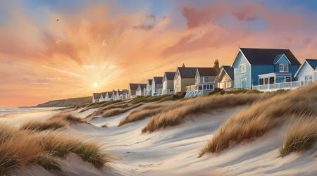 Watercolor painting row of beachfront houses at sunrise,  Cornwall, view from the sea looking inland, coastal village, quaint, dunes, wispy grasses, pastel,  dramatic sky, dog on beach, masterpiece, amazing artwork,  low contrast,  . Vibrant, beautiful, painterly, detailed, textural, artistic