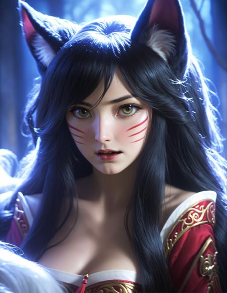 ahri, 1girl, long hair, animal ears, whisker markings, korean clothes, cleavage, detached sleeves