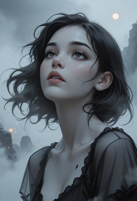 sketch, portrait, charcoal, stunning, fog, dream, floating