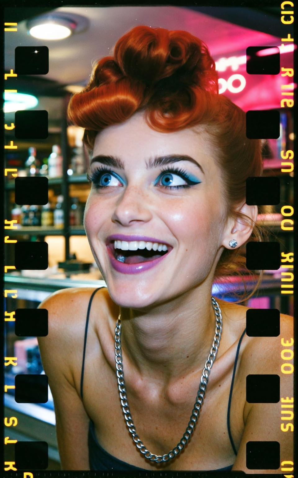 Beautiful vintage pinup updo hairstyle. 
Analog photo, film grain, VHS, amateur photo, snapshot