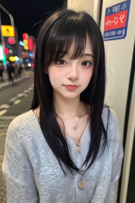 1girl, Tokyo street,night, cityscape,city lights,upper body,close-up, face focus, 8k, RAW photo, best quality, masterpiece,realistic, photo-realistic, <lora:一头野菜豚V3:0.85>