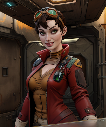 tannis,short brown hair,green eyes,
goggles on head,red jacket,tan shirt,earrings,pants,
standing,upper body,smile,looking at viewer,
spaceship,medical room,rusty,
(insanely detailed, beautiful detailed face, masterpiece, best quality),<lora:tannis:0.8>,