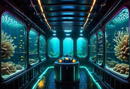 Photo of a huge science fiction submarine colony with boxy frame made of bioluminescent honeycomb struts, hollow honeycomb structure, inside hollow structure is a series of connected metal spheres, round windows, small windows implying large size, underwater, Panoramic, futuristic, ship, night, deep sea, anchored to seafloor, anflerfish swimming nearby,