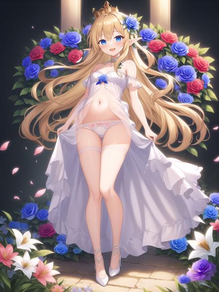 (masterpiece:1,2), best quality, 1girl, flower background, dark background, flower, garden, 
solo, pointy ears, blonde hair, long hair, flower, navel, hair ornament, high heels, full body, looking at viewer, blue eyes, bare shoulders, see-through, white footwear, dress, panties, underwear, hair flower, white panties, bangs, standing, white dress, elf, smile, crown, blush, pink flower, breasts, blue flower, small breasts, white flower, open mouth, stomach, revealing clothes
 <lora:Mystic Midnight Garden Flower Background:0.5>