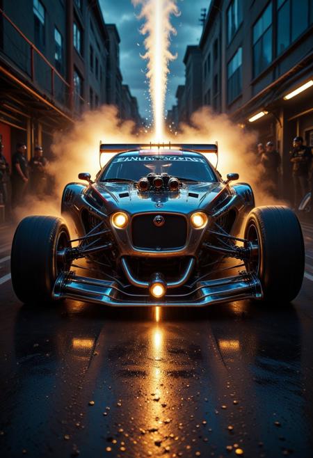 qu4ntum, photo, realistic, closeup, quantum punk race car, urban track, polished metal, steam, pumps, piping, outdoors, dramatic lighting, lens flare, reflections, cinematic lighting, volumetric lighting, masterpiece, best quality, master aesthetic, maximum detailed, absurdres, bokeh, film grain, aidmaImageUpgrader, smoke, 3/4 perspective