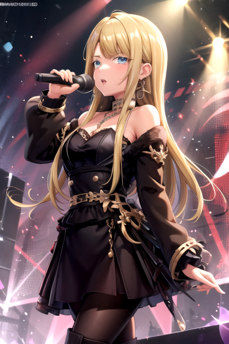 <lora:NeoD4DJ-08:0.7> ,neod4dj, long hair, looking at viewer, skirt, dress, holding, jewelry, pantyhose, earrings, boots, parted lips, black dress, microphone, holding microphone, idol, microphone stand, stage